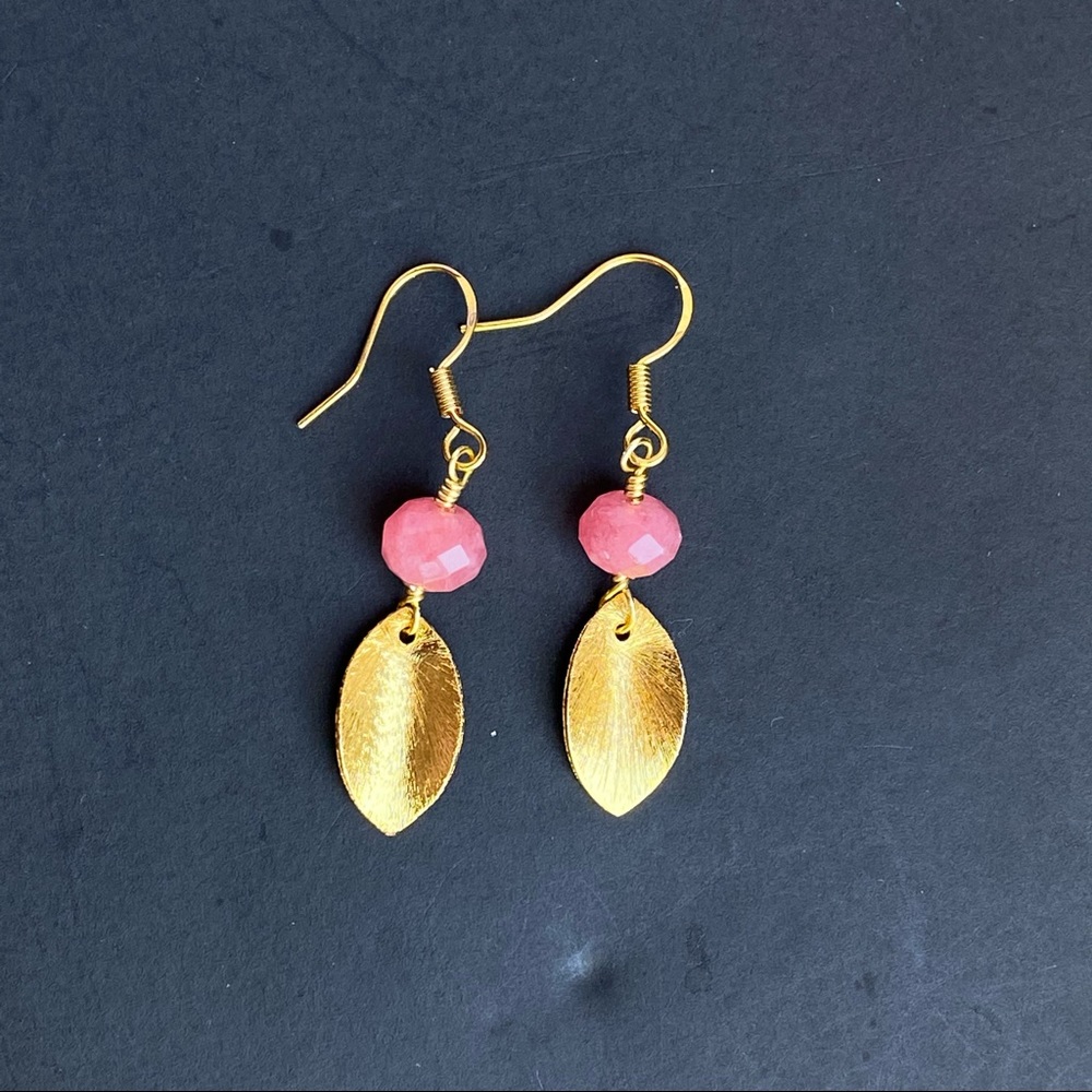 Genuine Pink Rhodochrosite Natural Gemstone Gold Plated Leaf Dangle Earrings